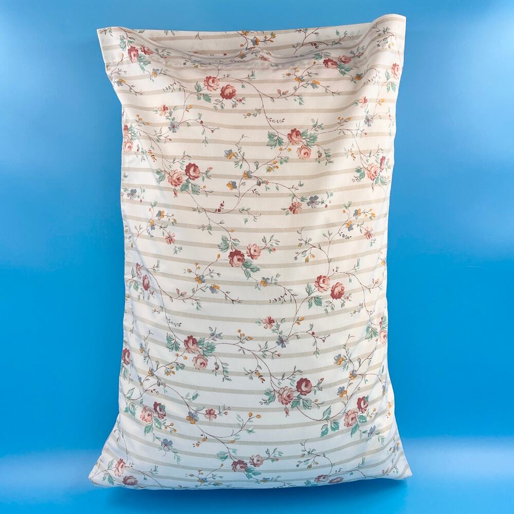Vintage Cottagecore Floral Stripe Pillowcase 1980s 80s Shabby Chic Farmhouse